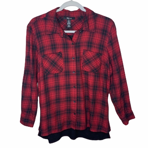 Style & Co red & black high low plaid button down with floral print back - Picture 3 of 5